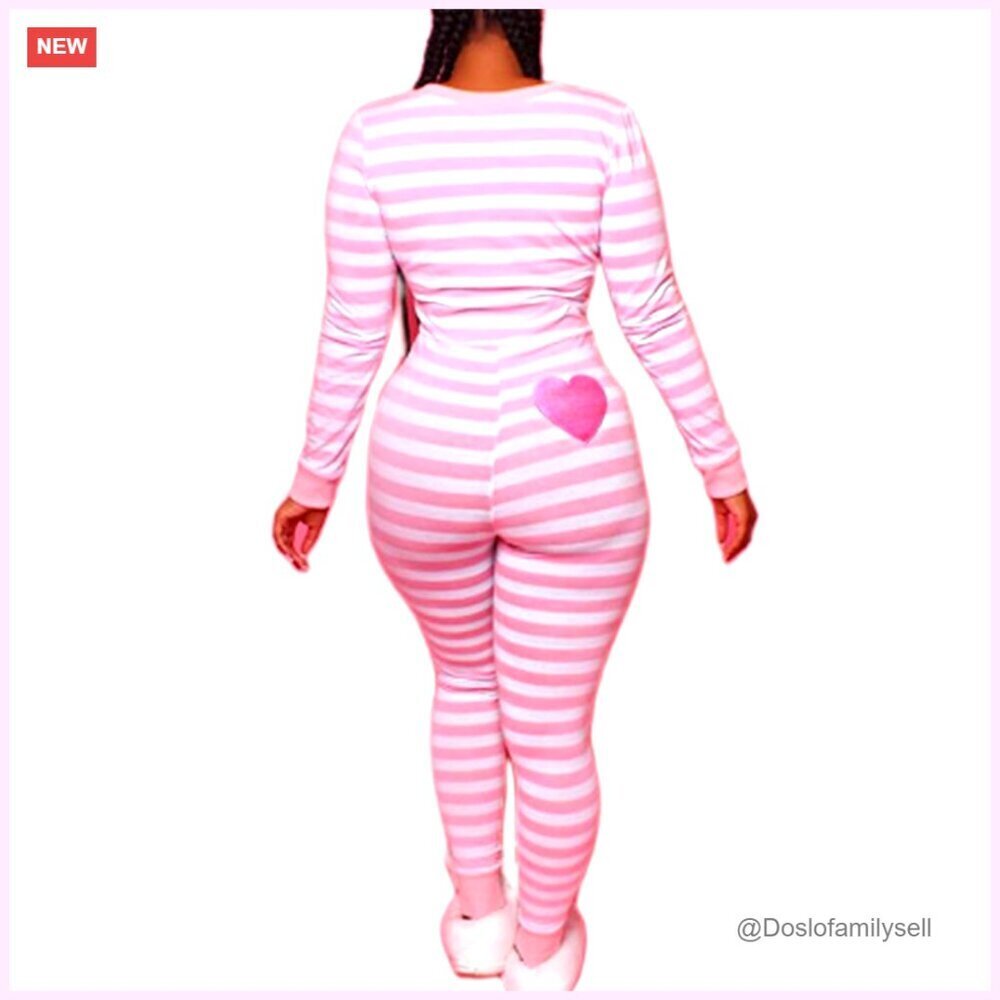 Striped Jumpsuit Pajamas Long Sleeve Deep V Neck Bodysuit Nightwear Chic